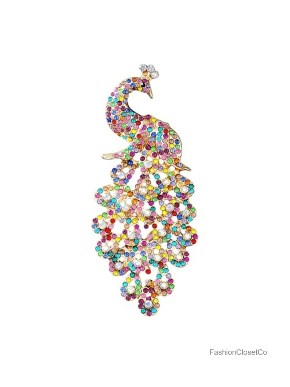 Gold Tone Peacock Rhinestone Crystal Statement Brooch Pin